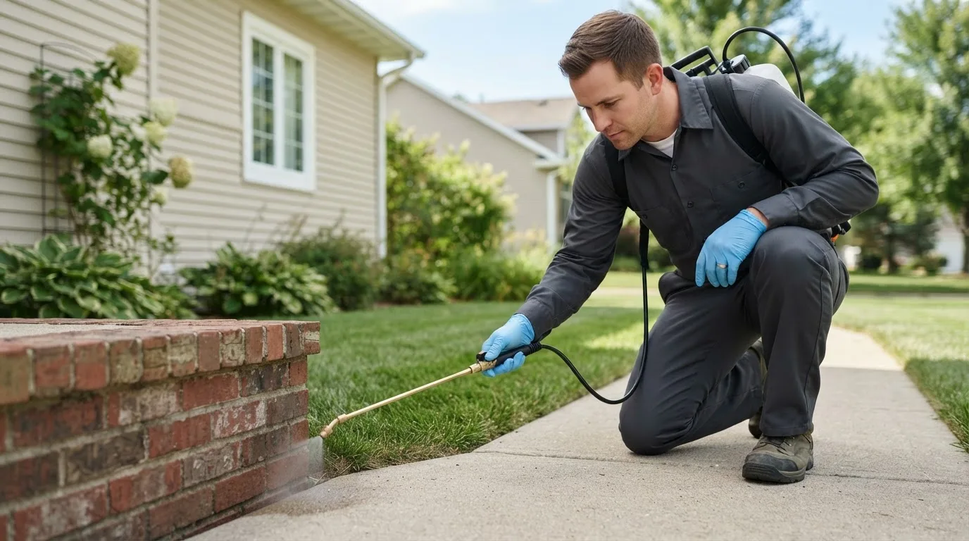 Pest control technician treating a home near Monroe, CT